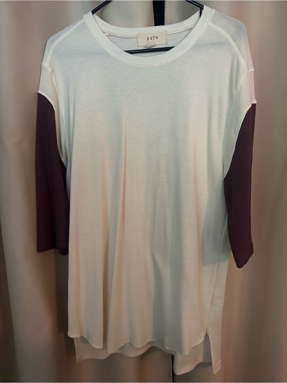 Koto Women's White Long Sleeve Tee with Maroon Raglan Sleeves